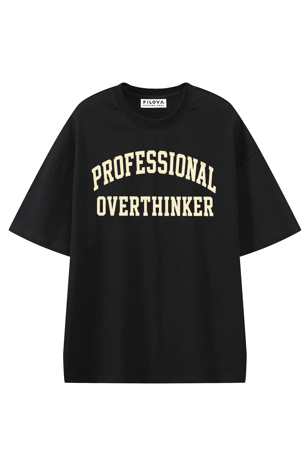 Professional Overthinker Black graphic T-shirt, front view