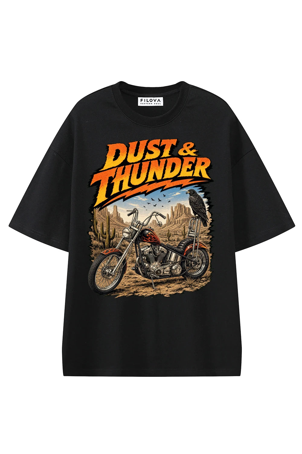 Dust And Thunder Black graphic T-shirt, front view
