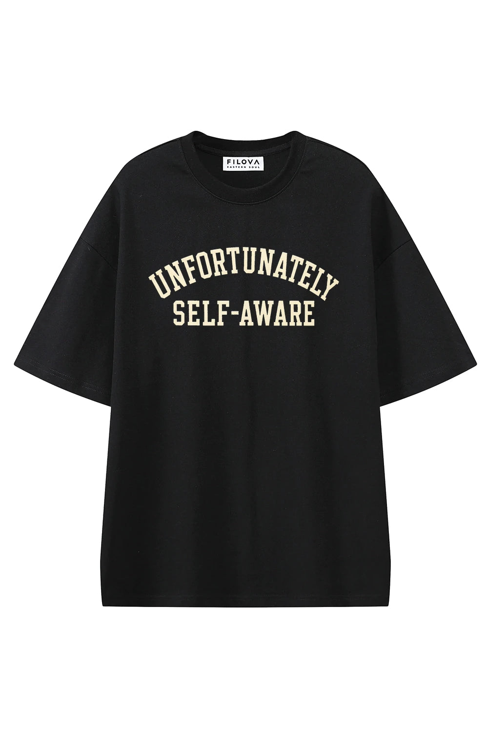 Unfortunately Self Aware Black graphic T-shirt, front view