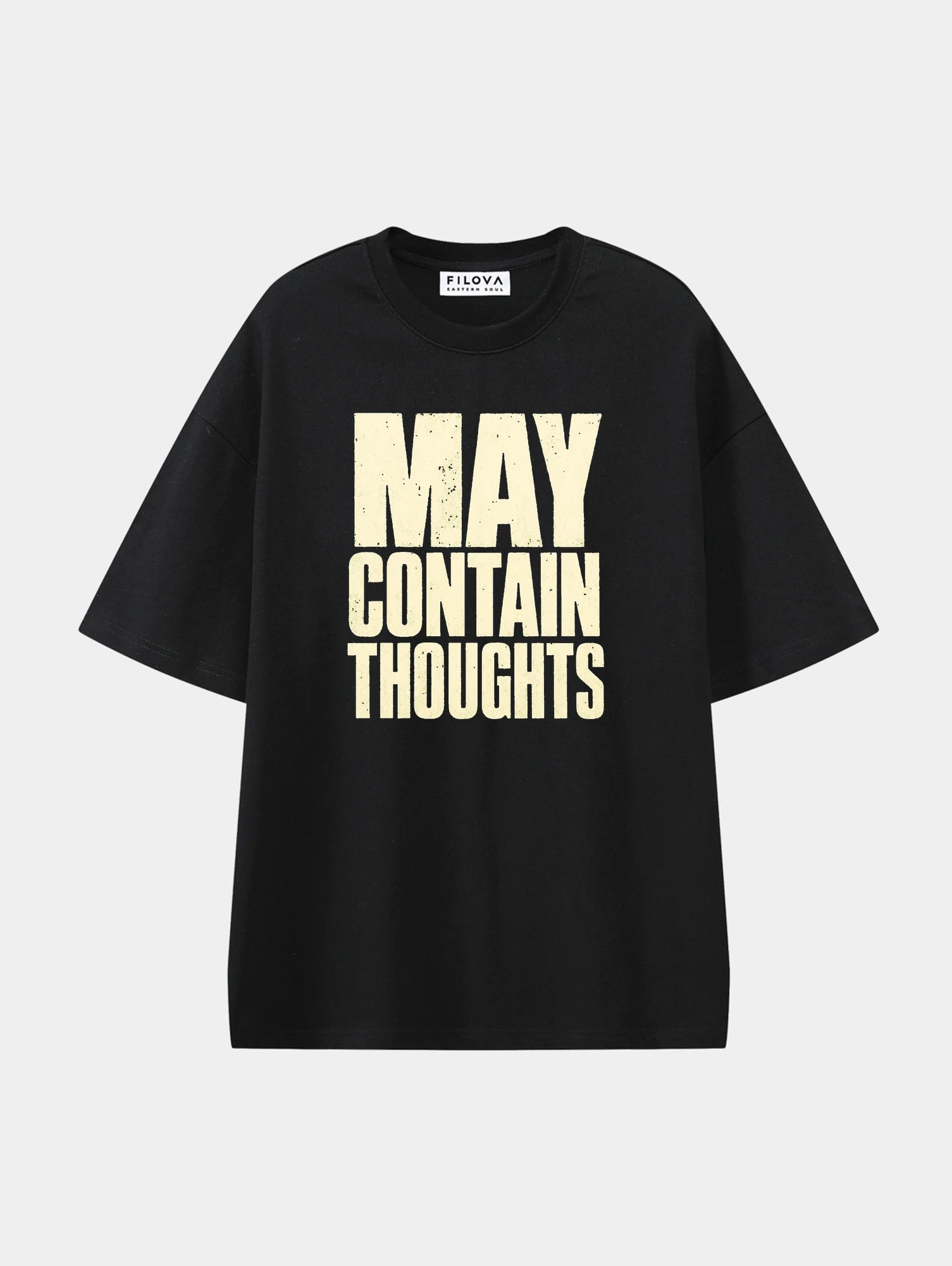 May Contain Thoughts Black graphic T-shirt, front view