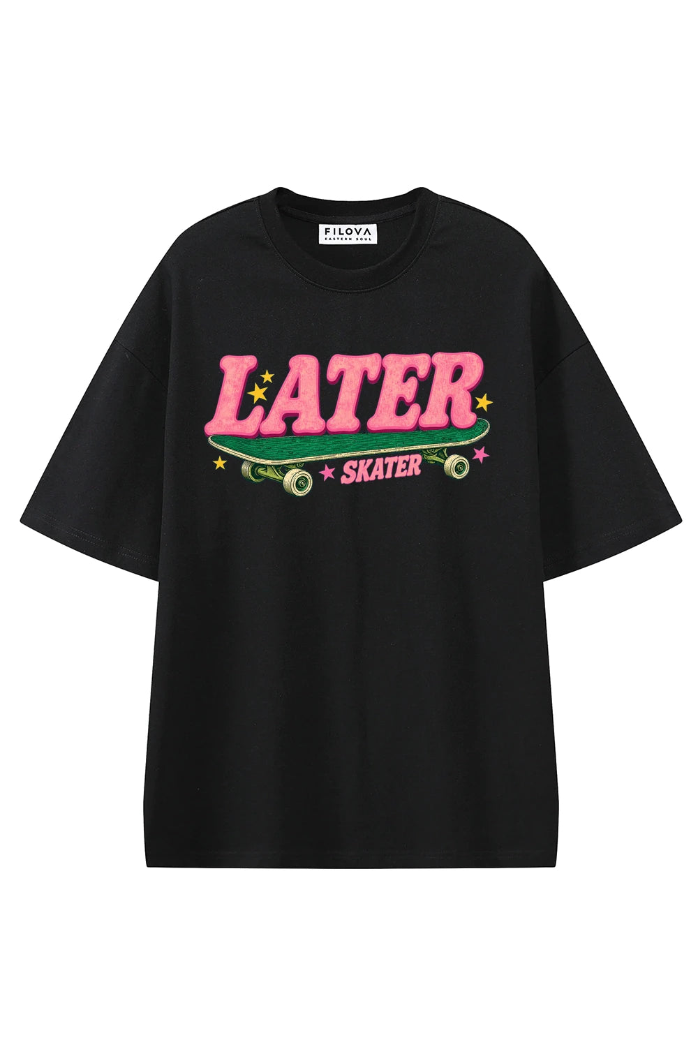 Later Skater Black graphic T-shirt, front view