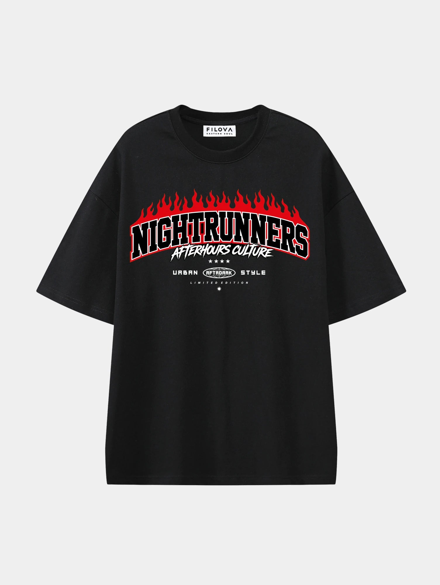 Nightrunners Black graphic T-shirt, front view