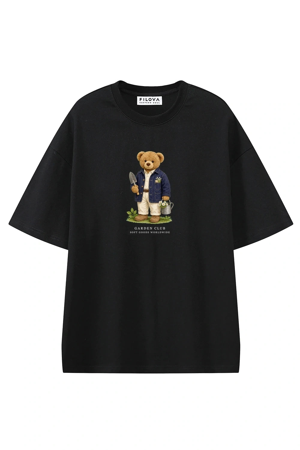 Garden Club Bear Black graphic T-shirt, front view