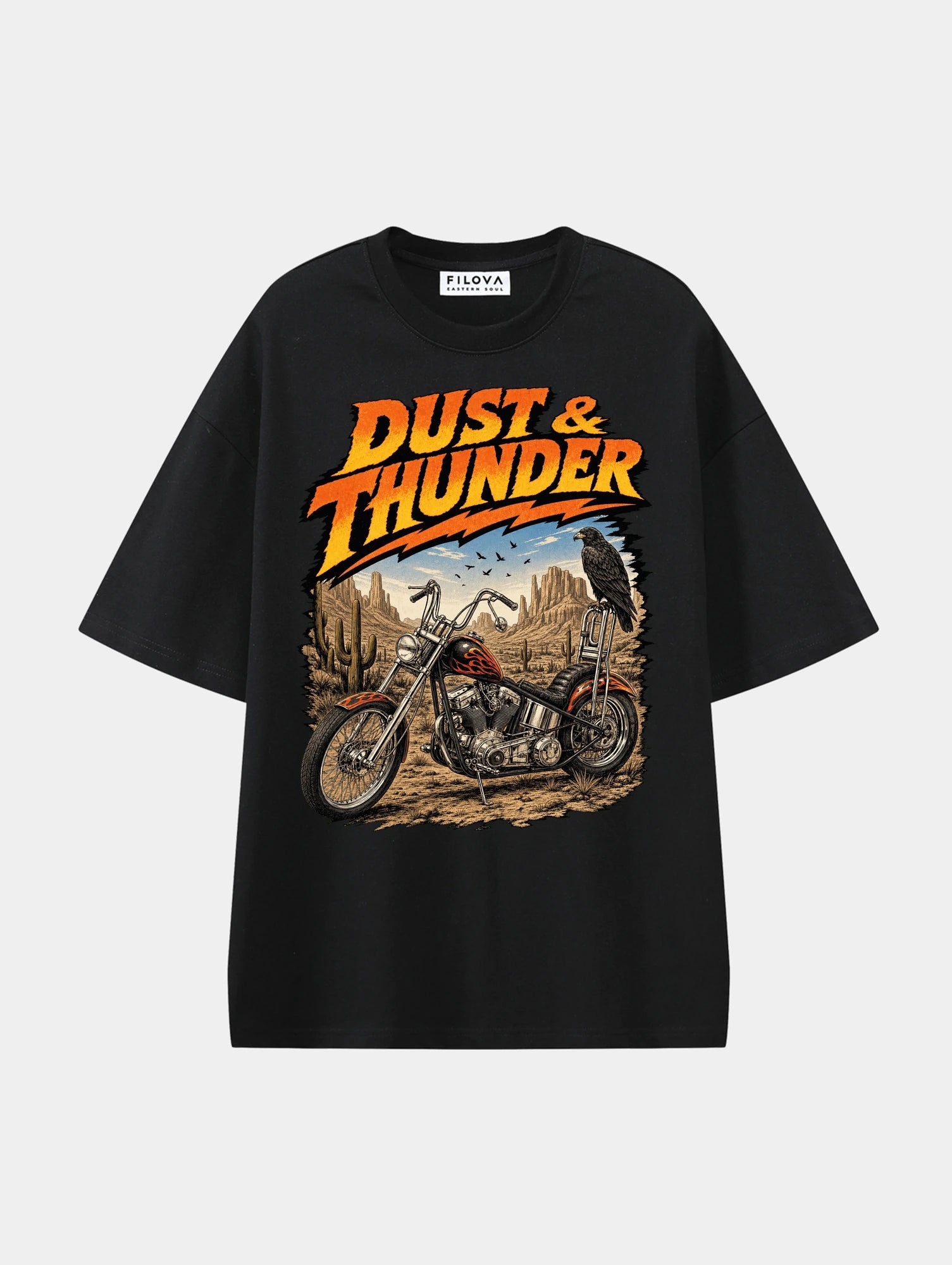 Dust And Thunder Black graphic T-shirt, front view