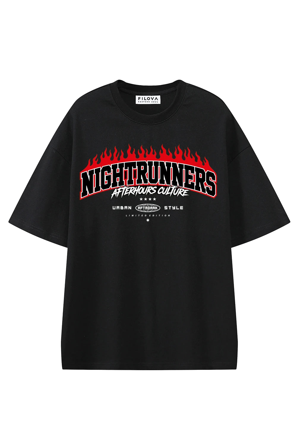 Nightrunners Black graphic T-shirt, front view