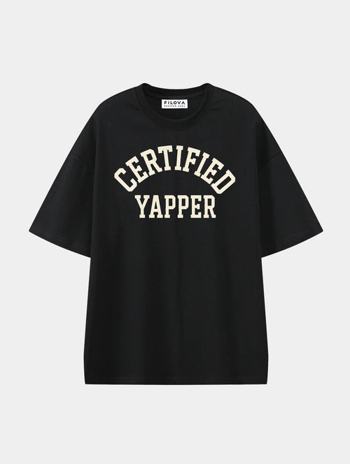 Certified Yapper Black graphic T-shirt, front view
