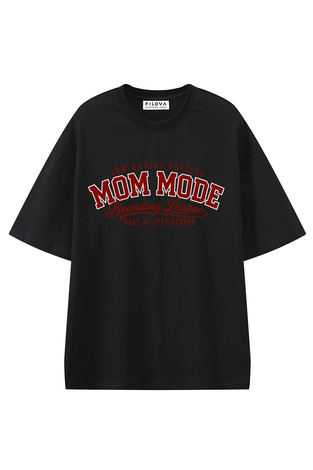 Mom Mode Boundary League Black graphic T-shirt, front view