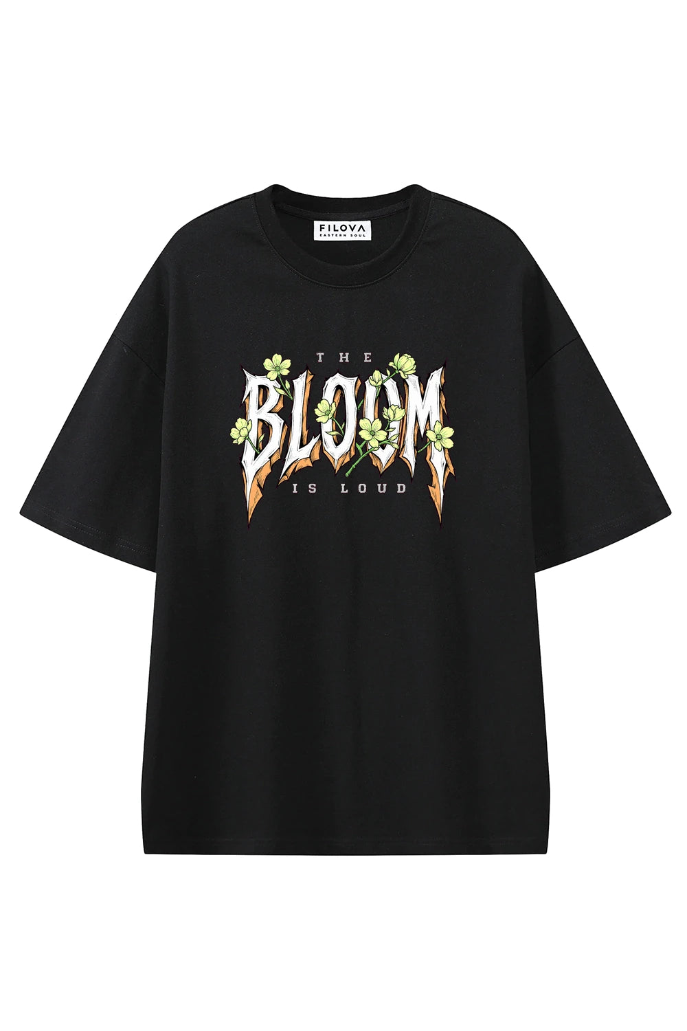 Bloom Is Loud Black graphic T-shirt, front view