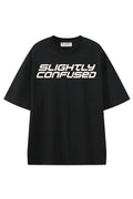 Slightly Confused Black graphic T-shirt, front view