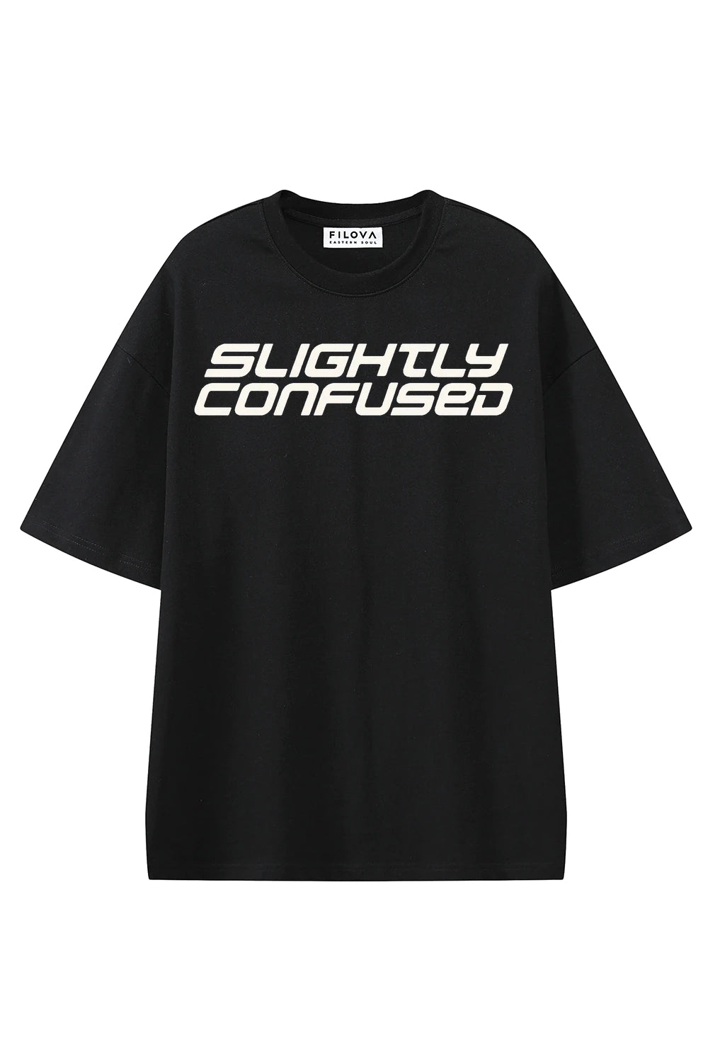 Slightly Confused Black graphic T-shirt, front view