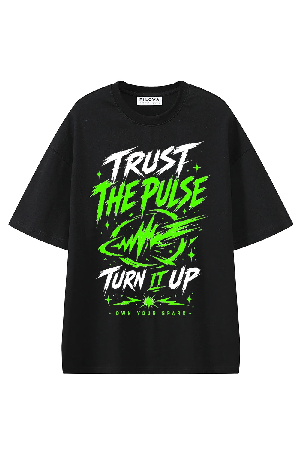 Trust The Pulse Black graphic T-shirt, front view