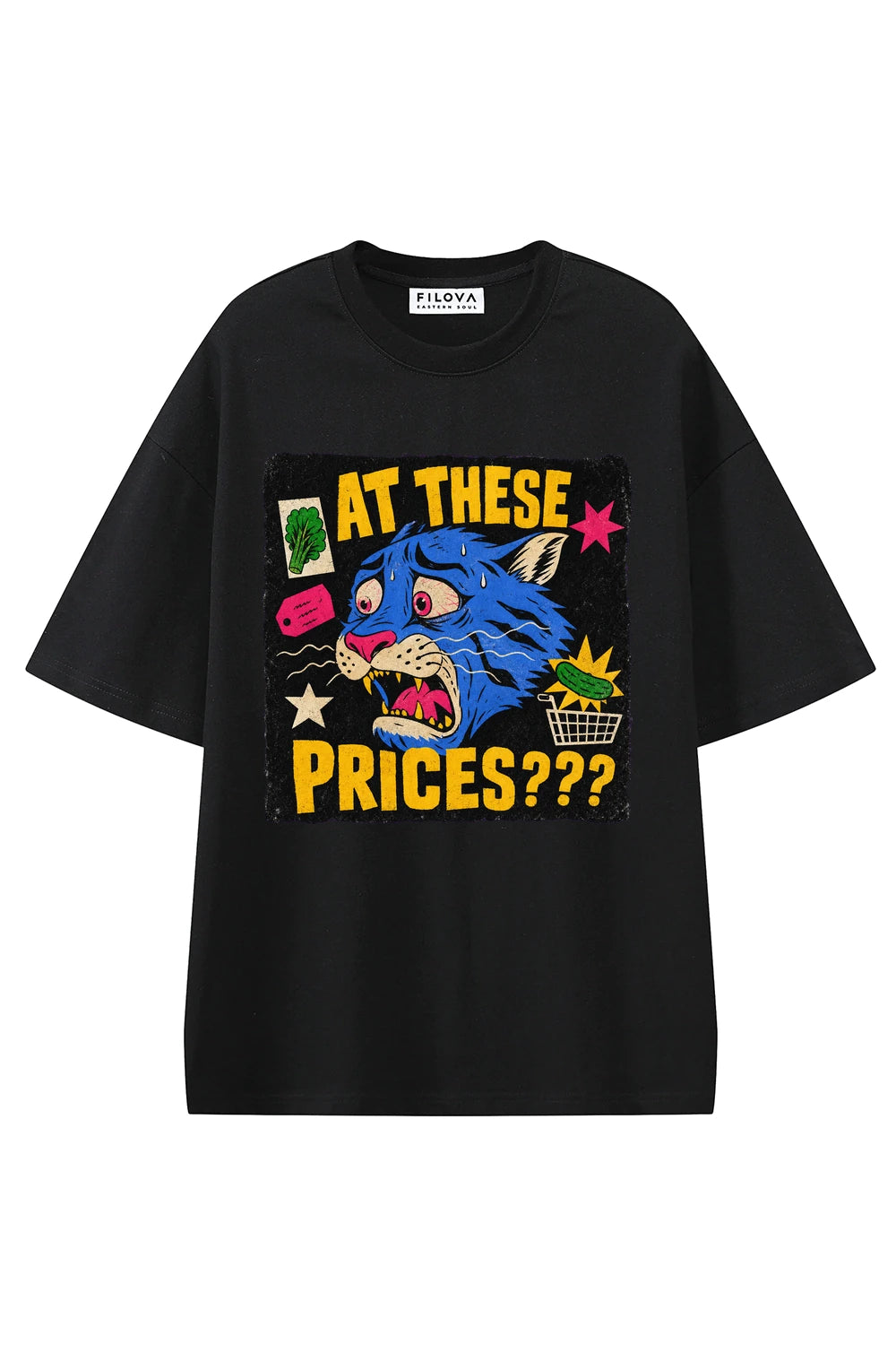 At These Prices Black graphic T-shirt, front view