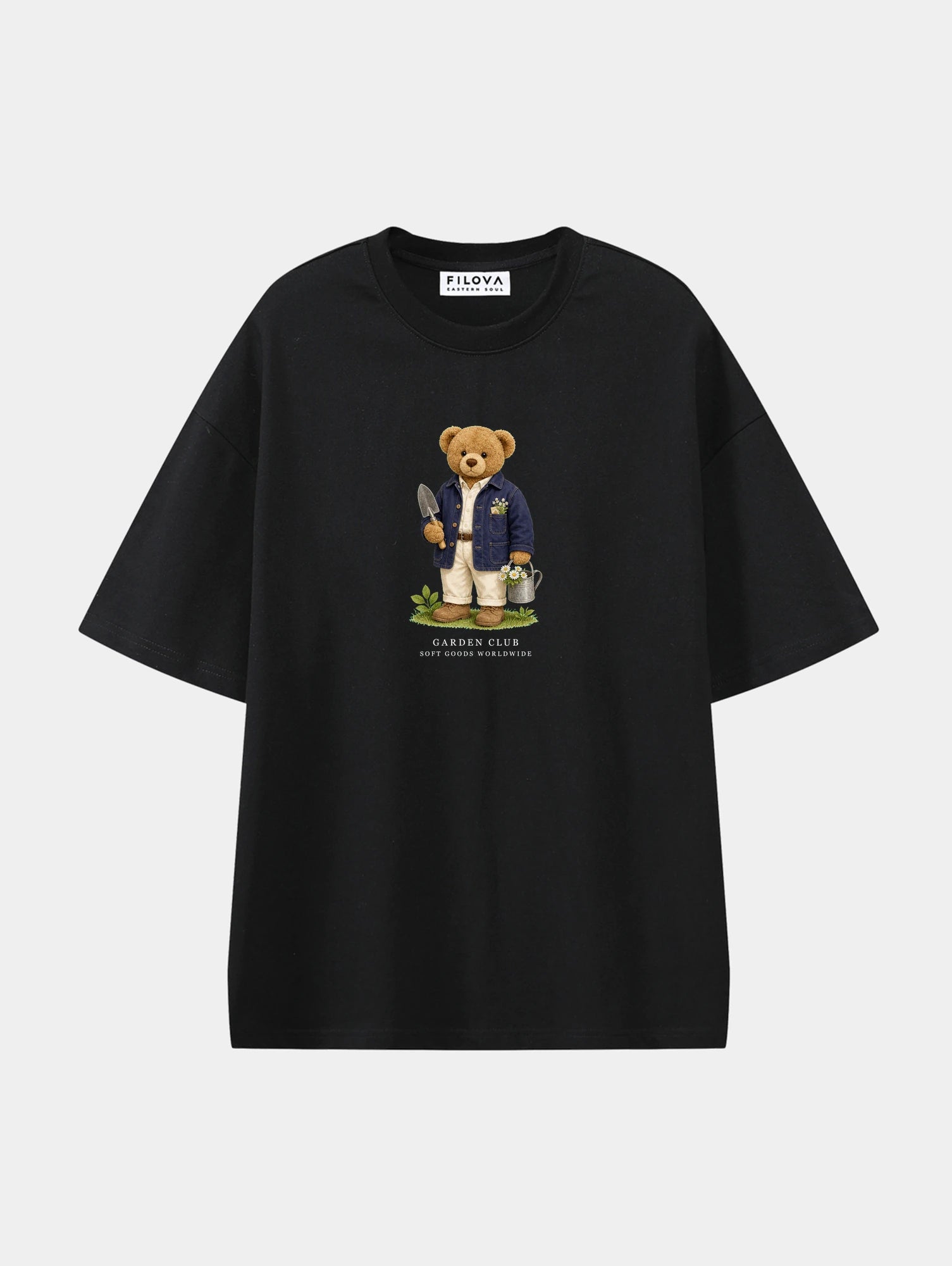 Garden Club Bear Black graphic T-shirt, front view