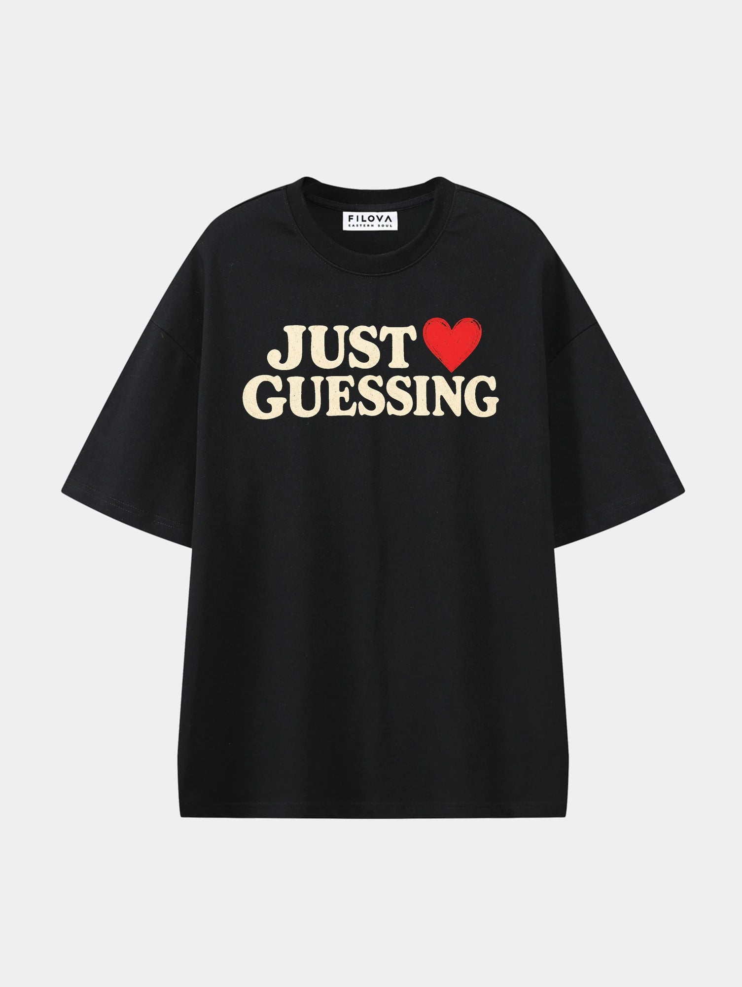 Just Guessing Black graphic T-shirt, front view