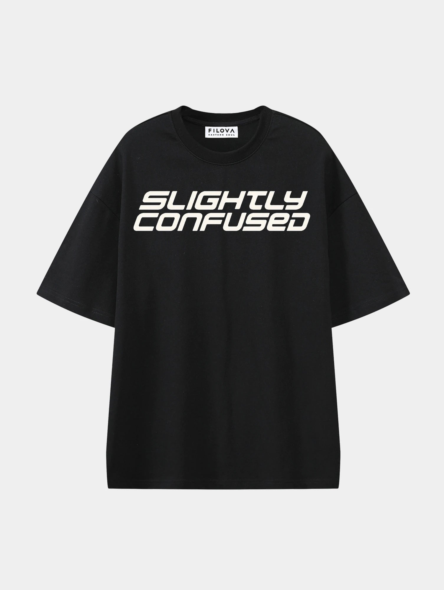 Slightly Confused Black graphic T-shirt, front view