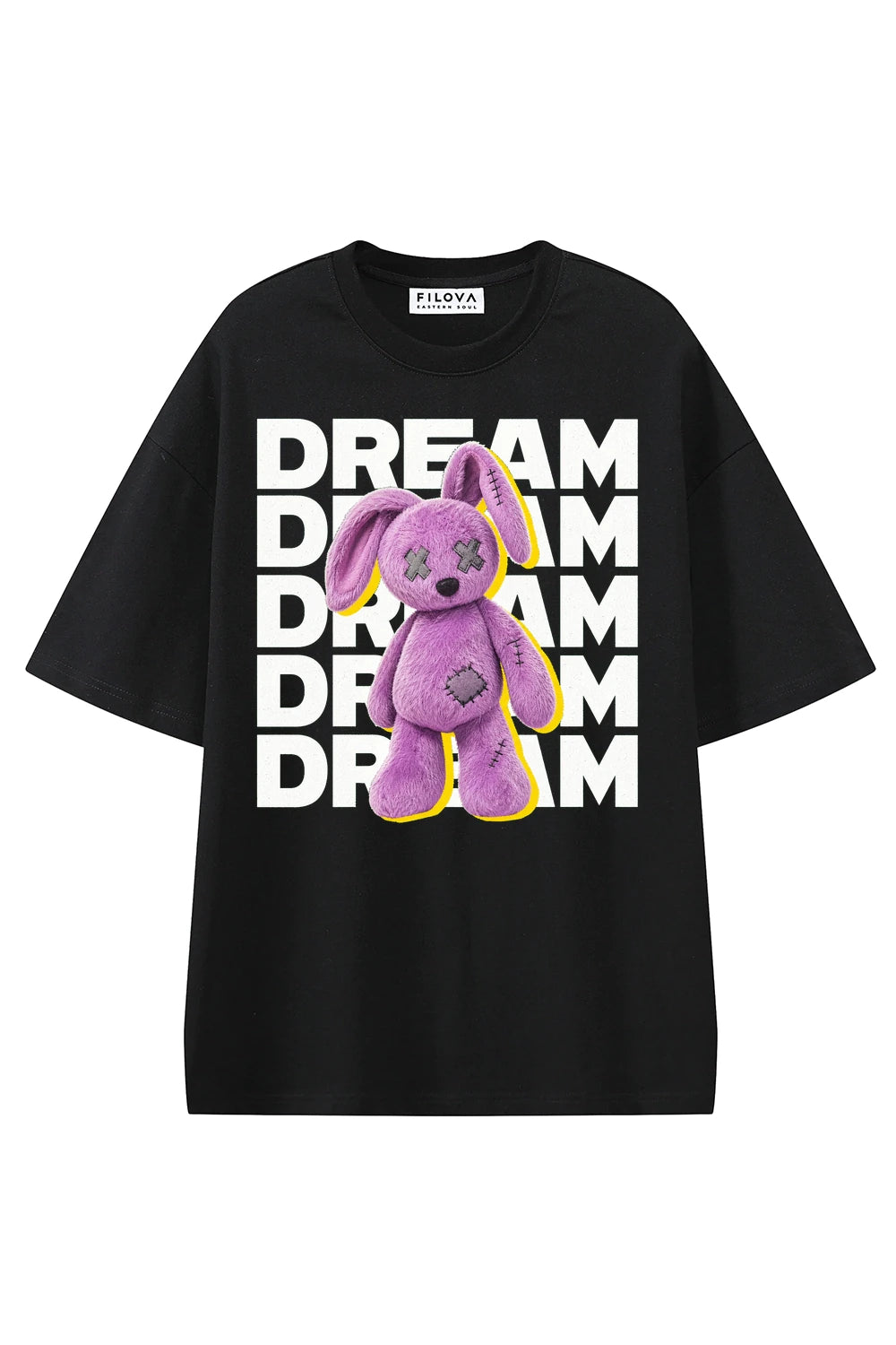 Dream Plush Rabbit Black graphic T-shirt, front view
