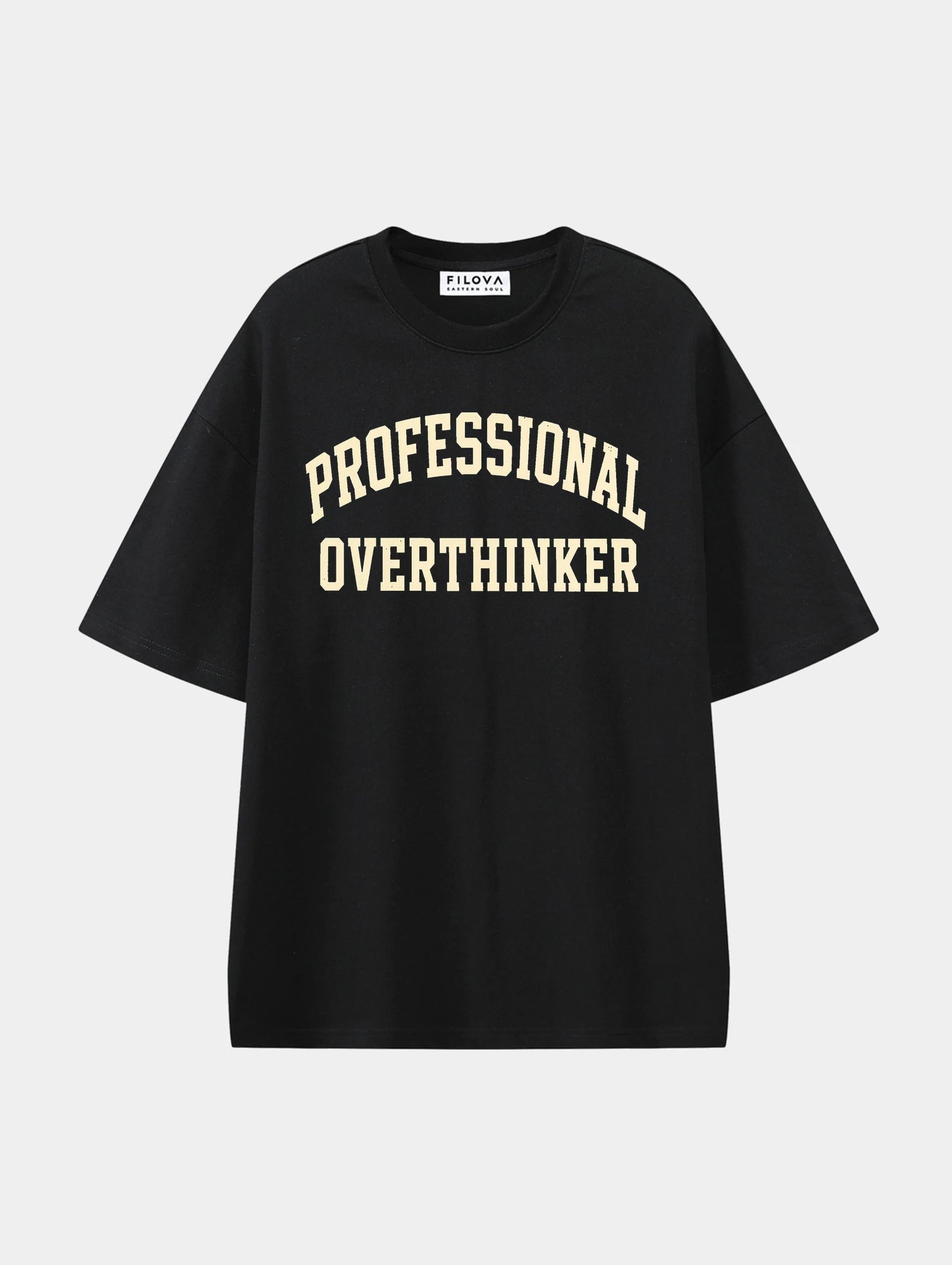 Professional Overthinker Black graphic T-shirt, front view