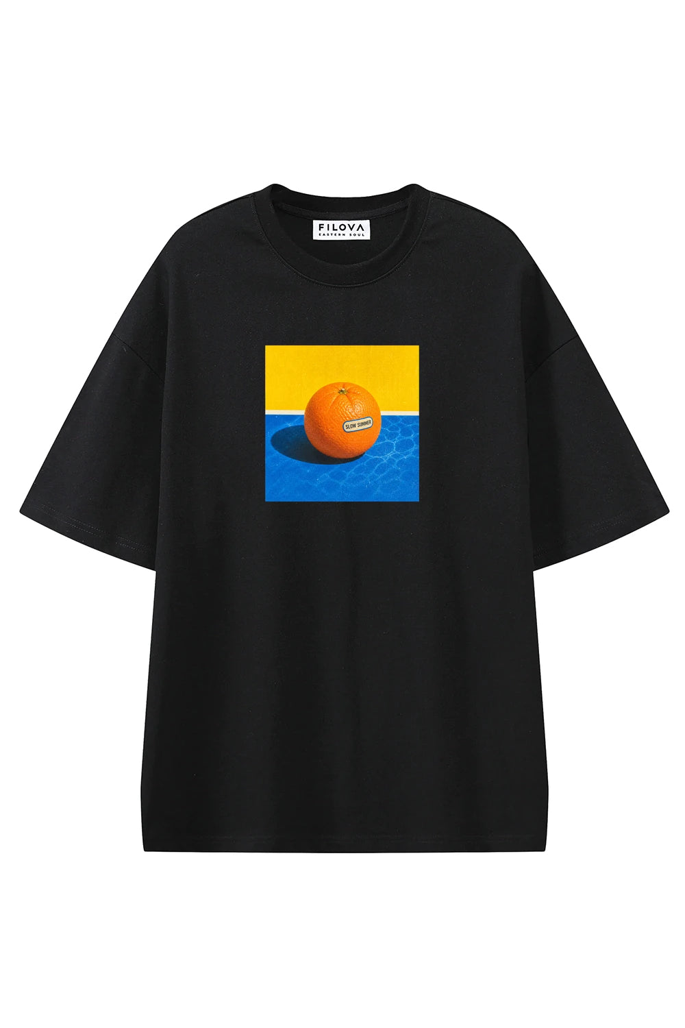 Poolside Orange Black graphic T-shirt, front view