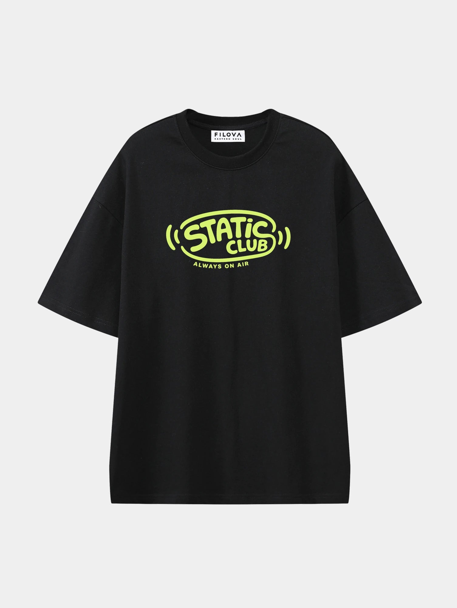 Static Club Black graphic T-shirt, front view