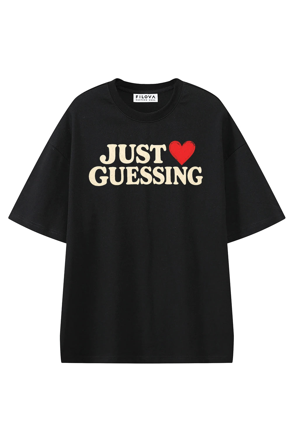 Just Guessing Black graphic T-shirt, front view