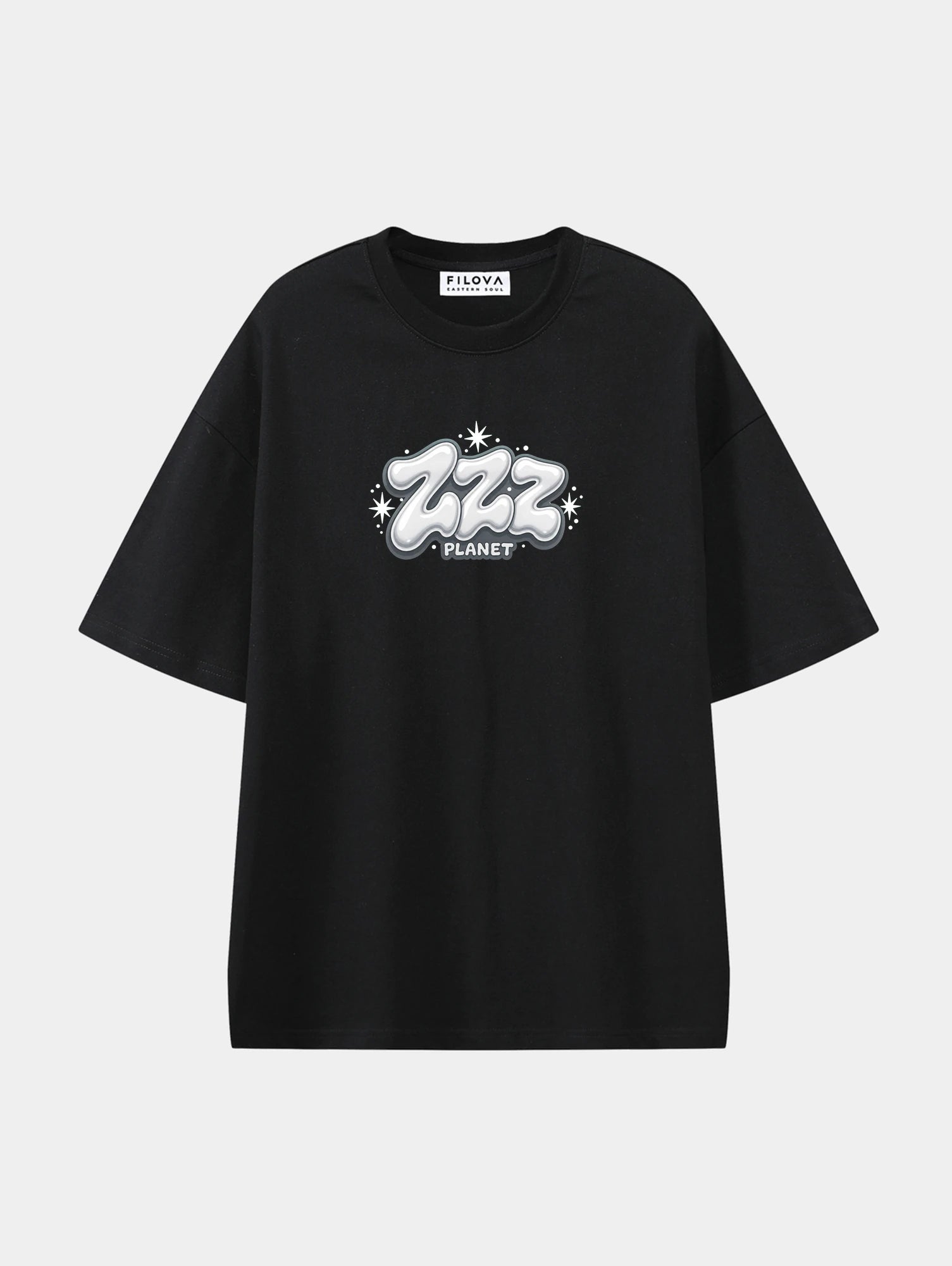 ZZZ Planet Black graphic T-shirt, front view