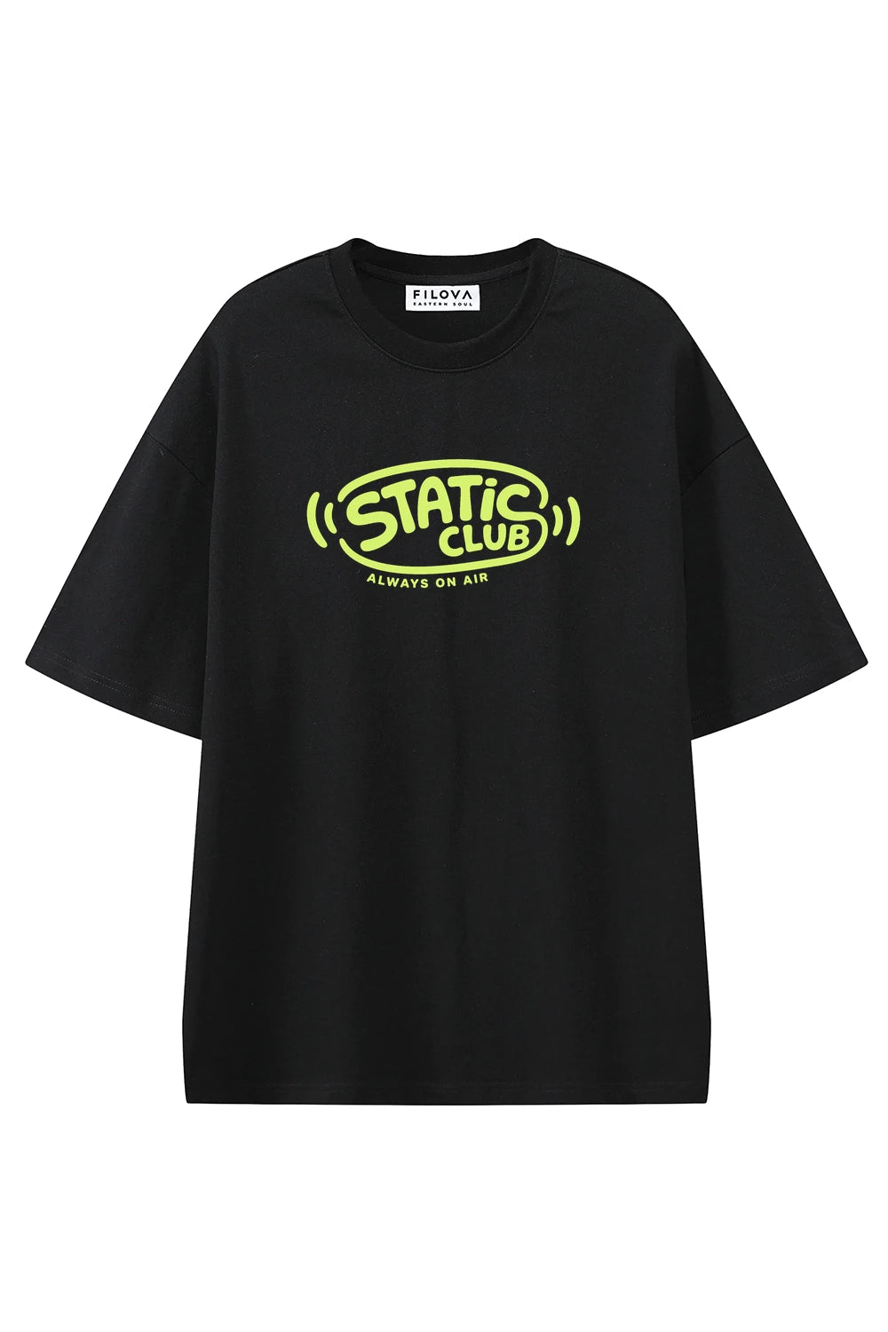 Static Club Black graphic T-shirt, front view