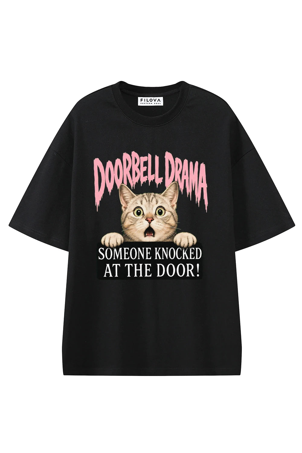 Doorbell Drama Black graphic T-shirt, front view