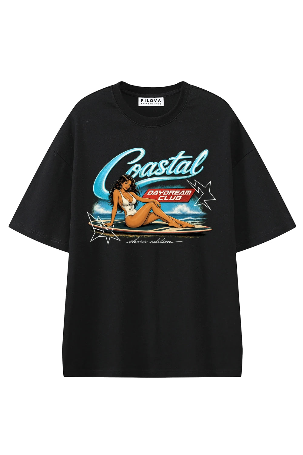 Coastal Daydream Black graphic T-shirt, front view