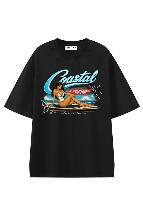 Coastal Daydream Black graphic T-shirt, front view