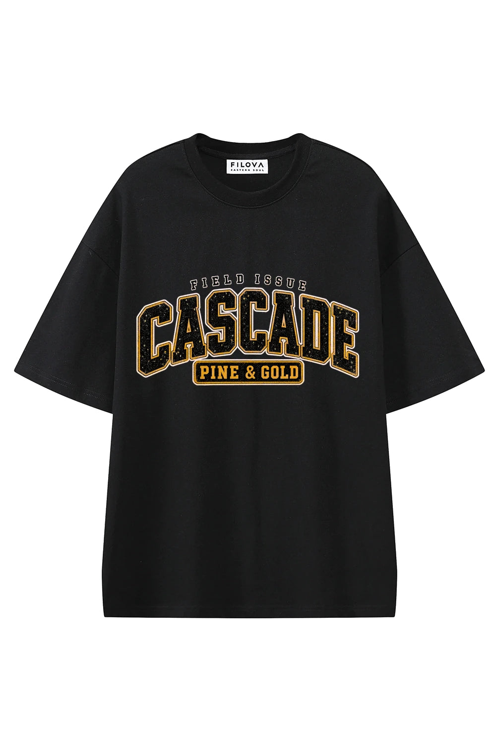 Cascade Pine Gold Black graphic T-shirt, front view