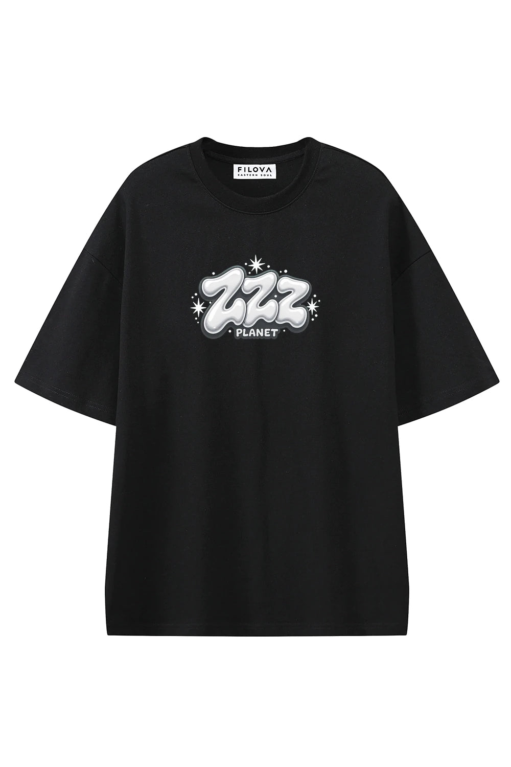 ZZZ Planet Black graphic T-shirt, front view