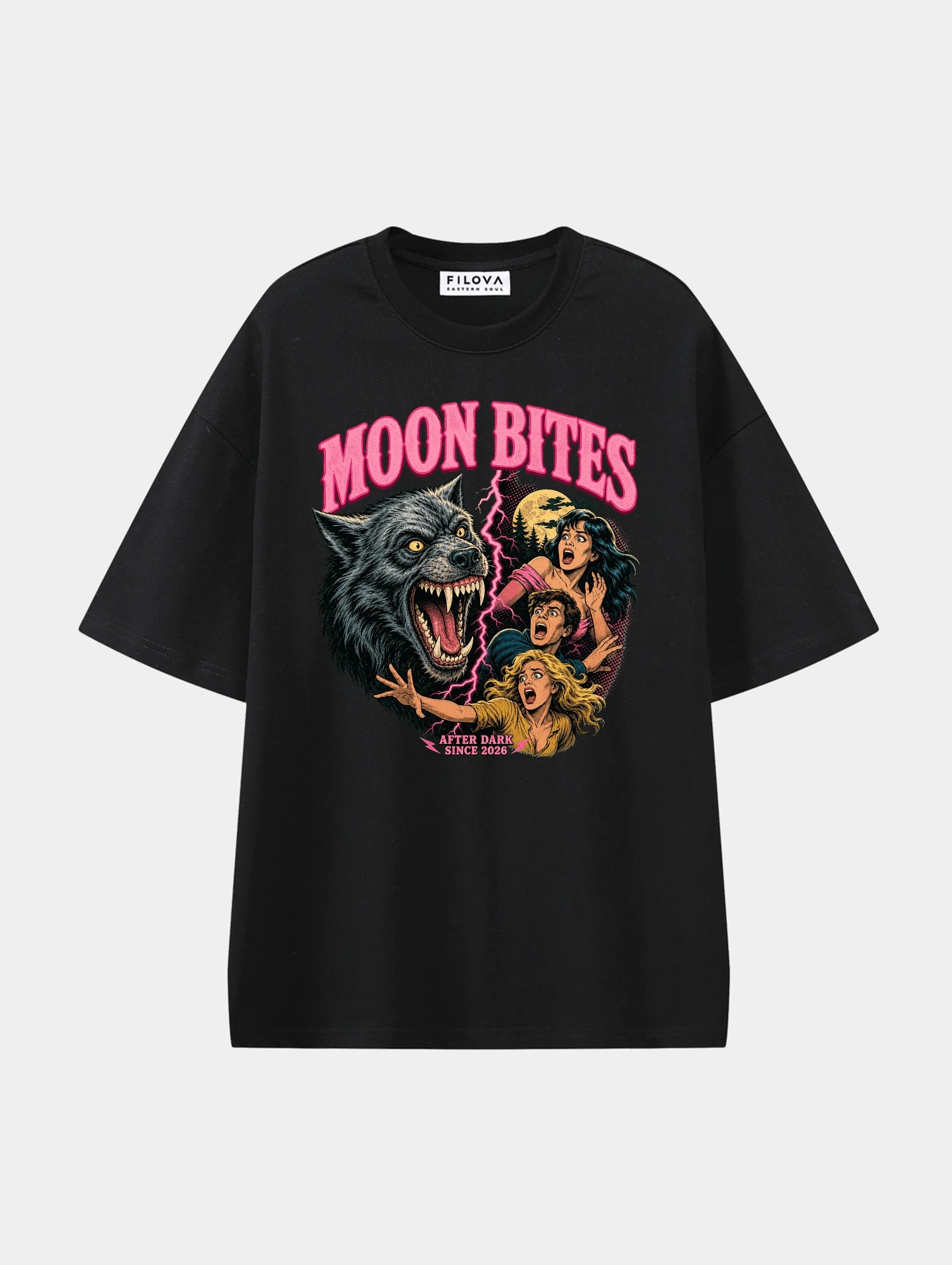 Moon Bites Black graphic T-shirt, front view