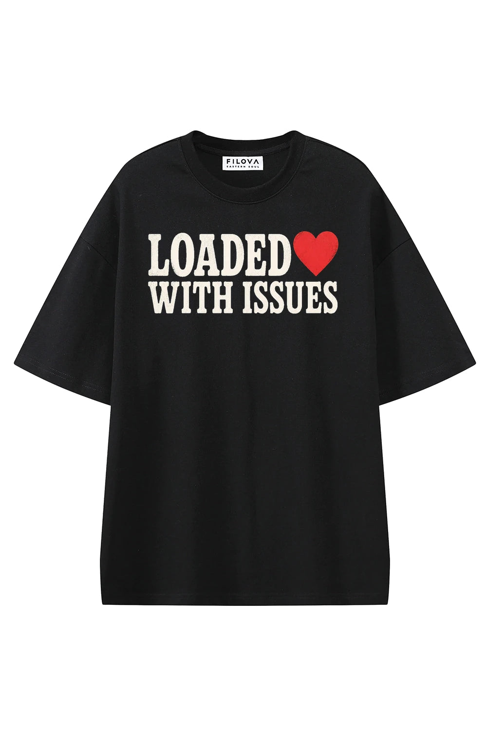 Loaded With Issues Black graphic T-shirt, front view