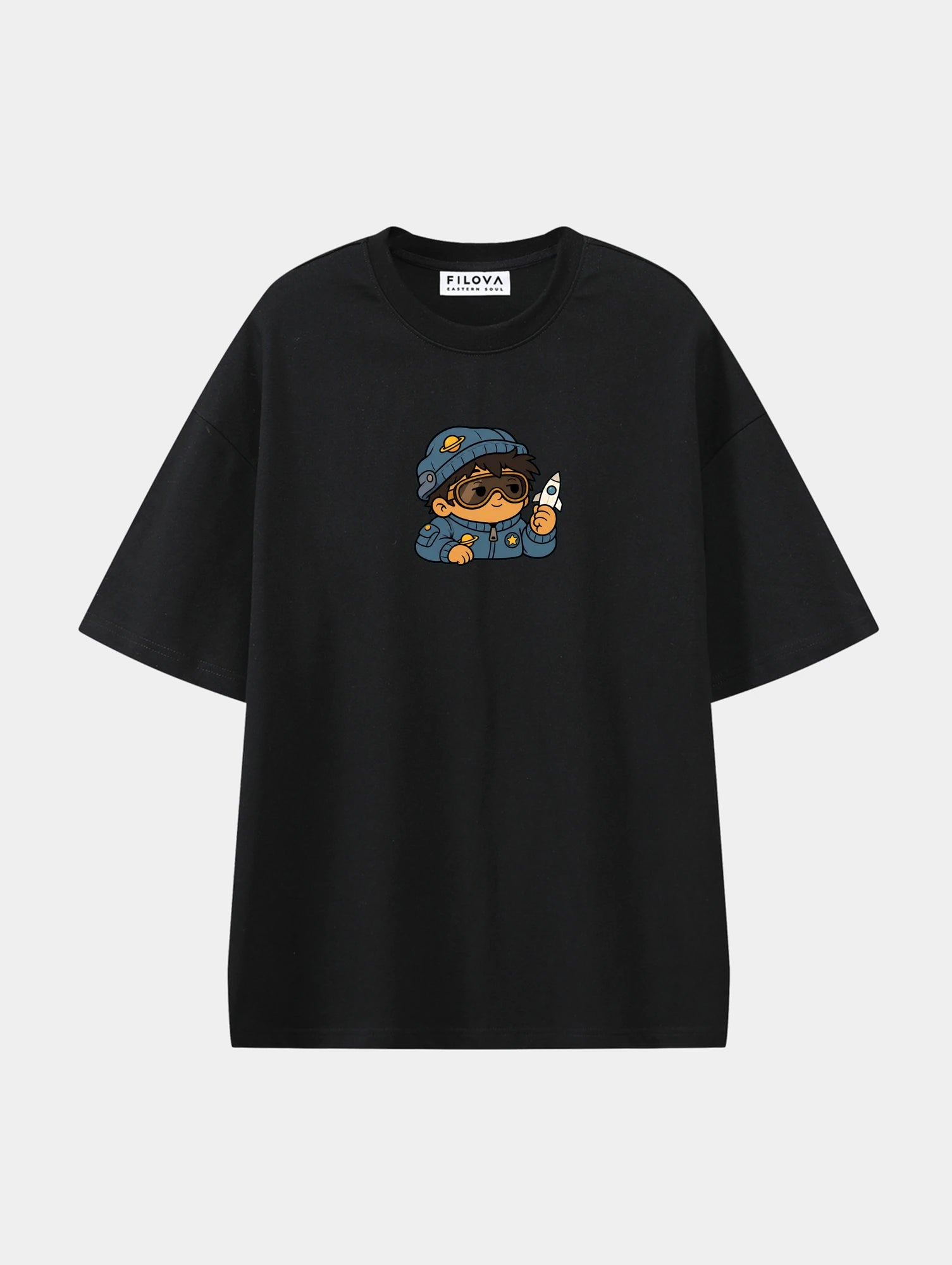 Pocket Orbit Black graphic T-shirt, front view
