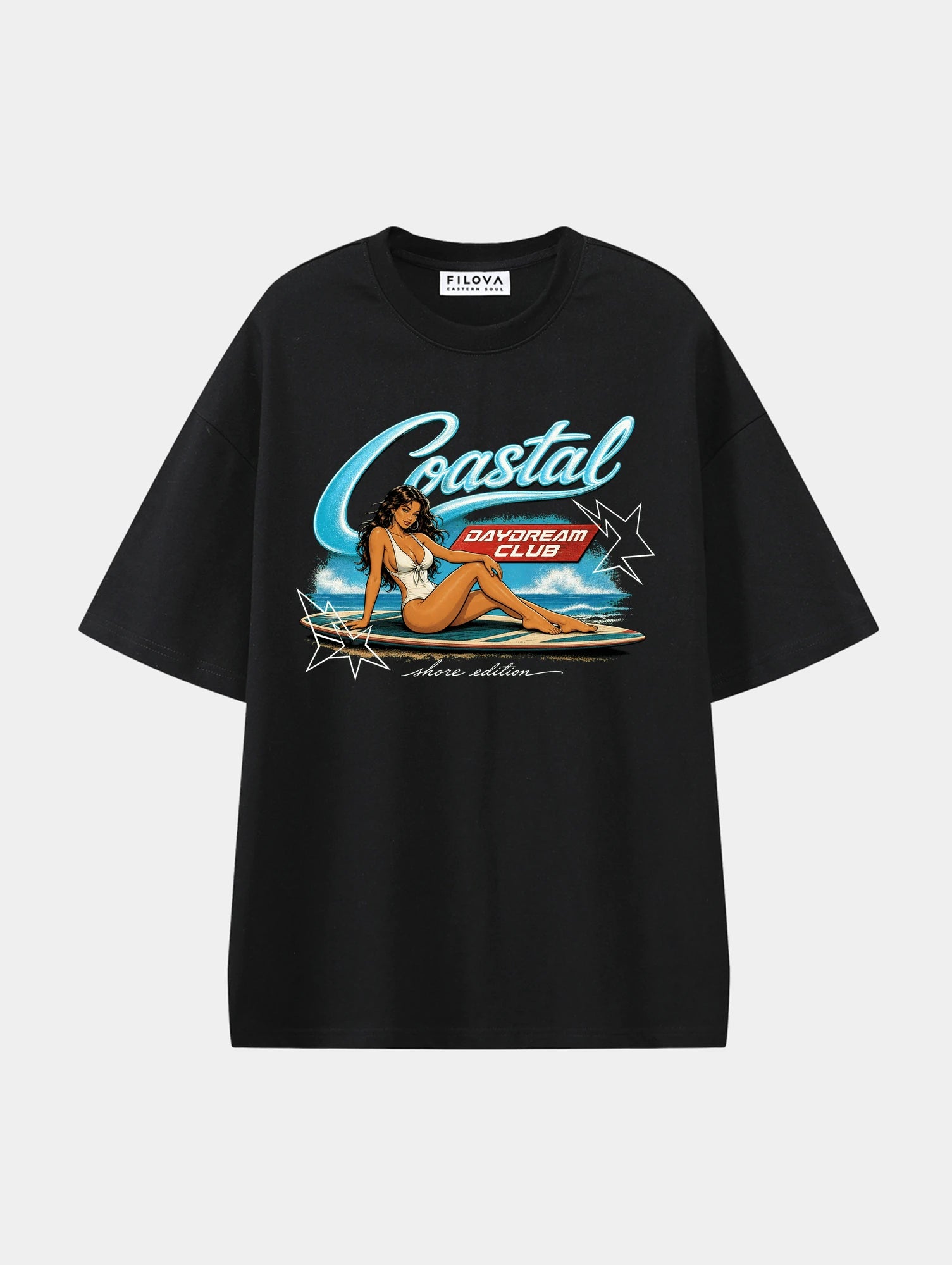 Coastal Daydream Black graphic T-shirt, front view