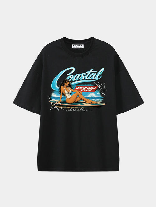 Coastal Daydream Black graphic T-shirt, front view