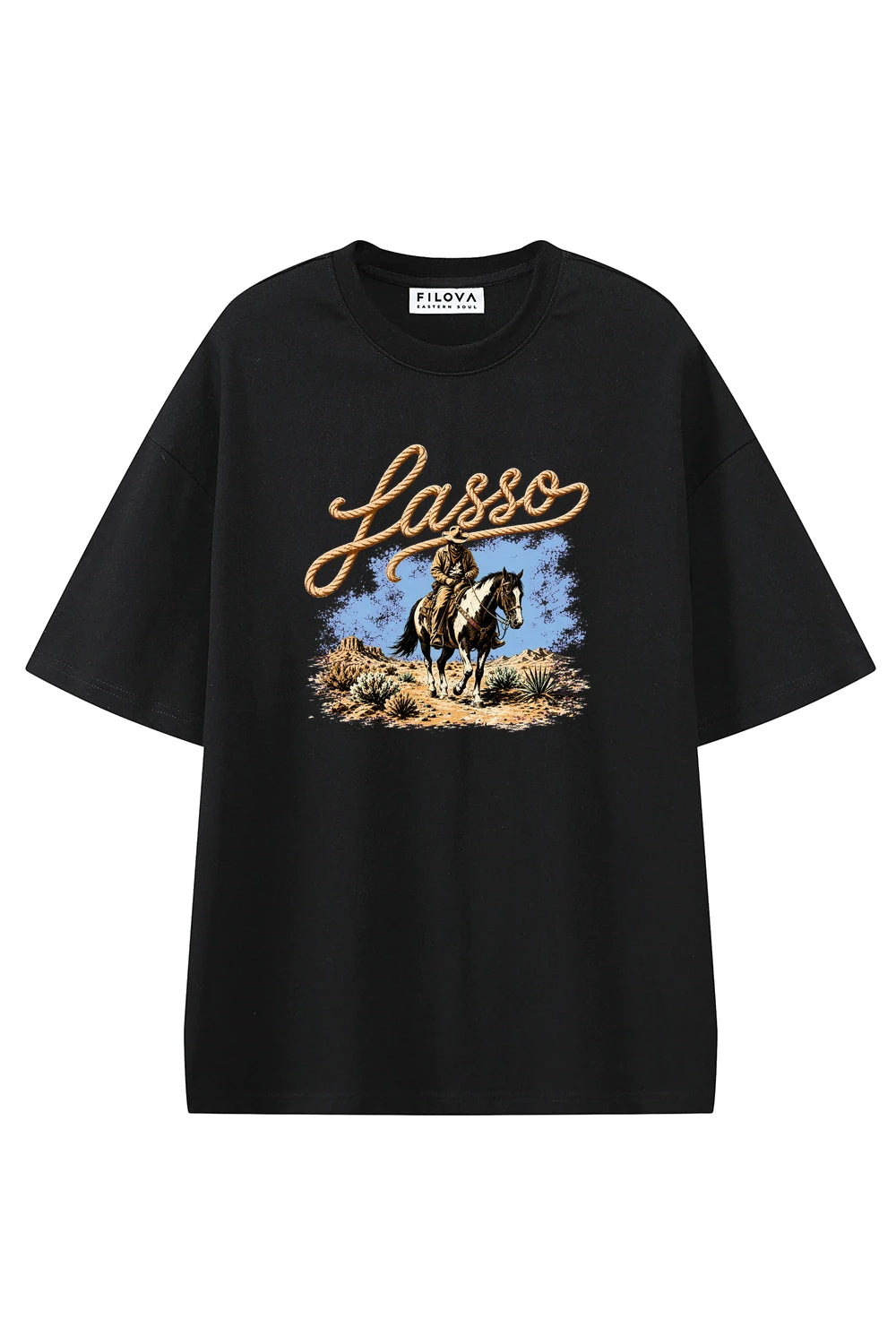 Lasso Run Rider Black graphic T-shirt, front view