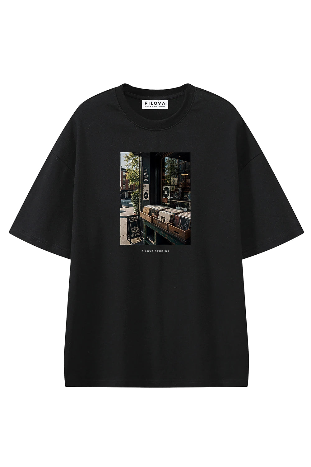 Filova Studios Record Shop Black graphic T-shirt, front view