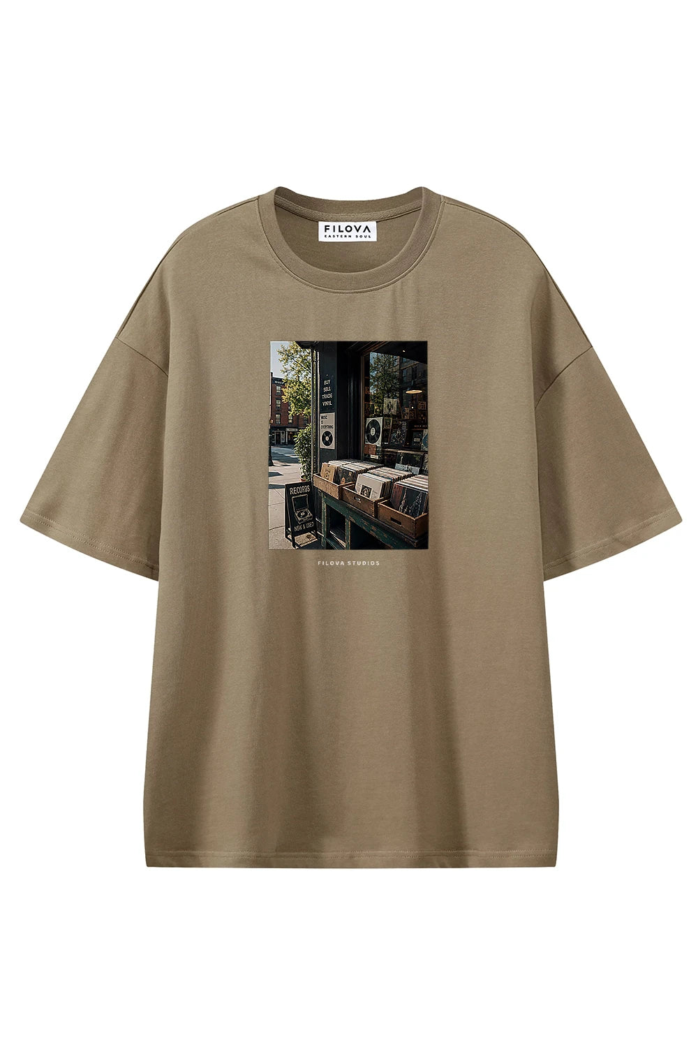 Filova Studios Record Shop Coffee graphic T-shirt, front view