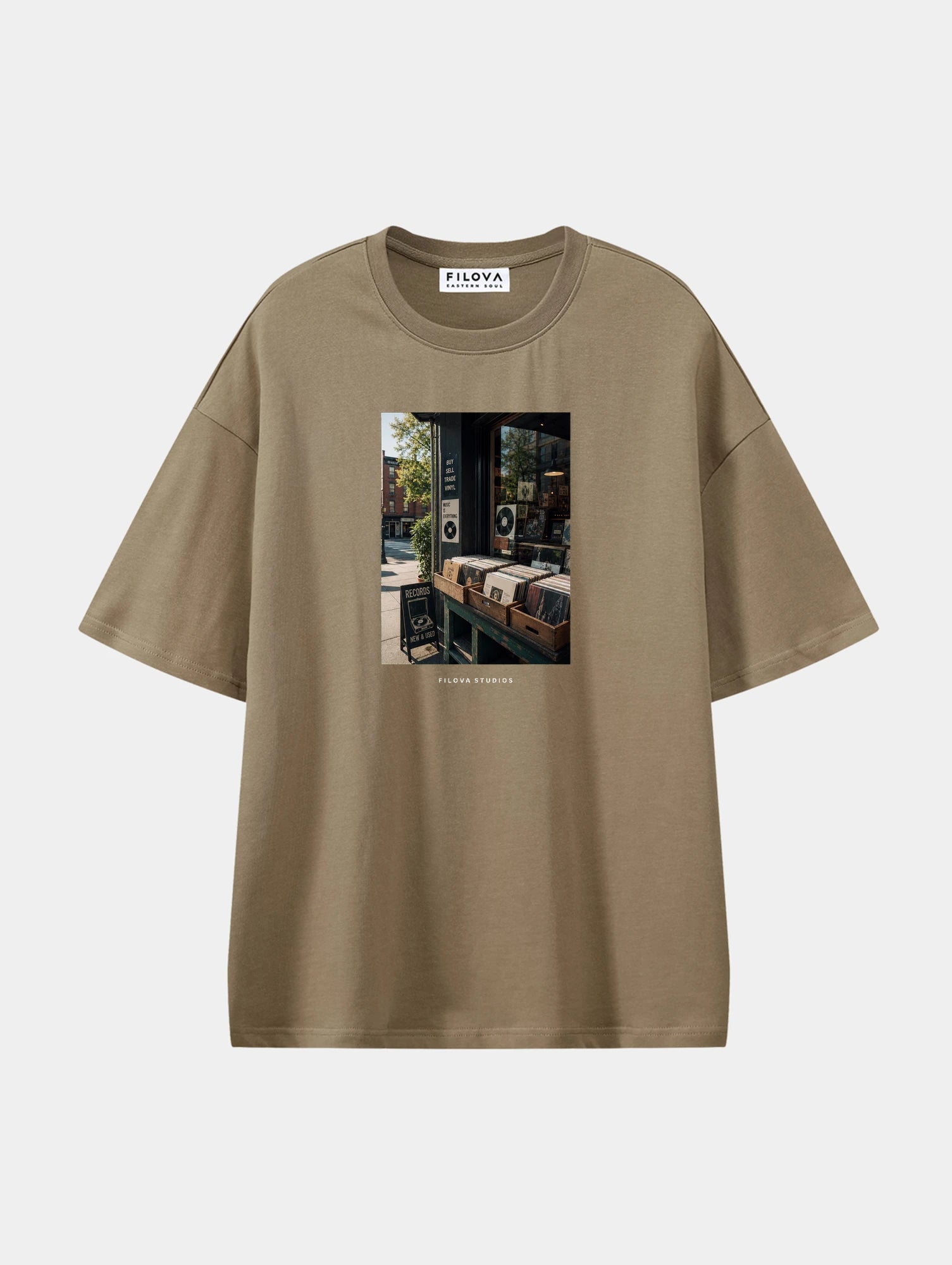 Filova Studios Record Shop Coffee graphic T-shirt, front view