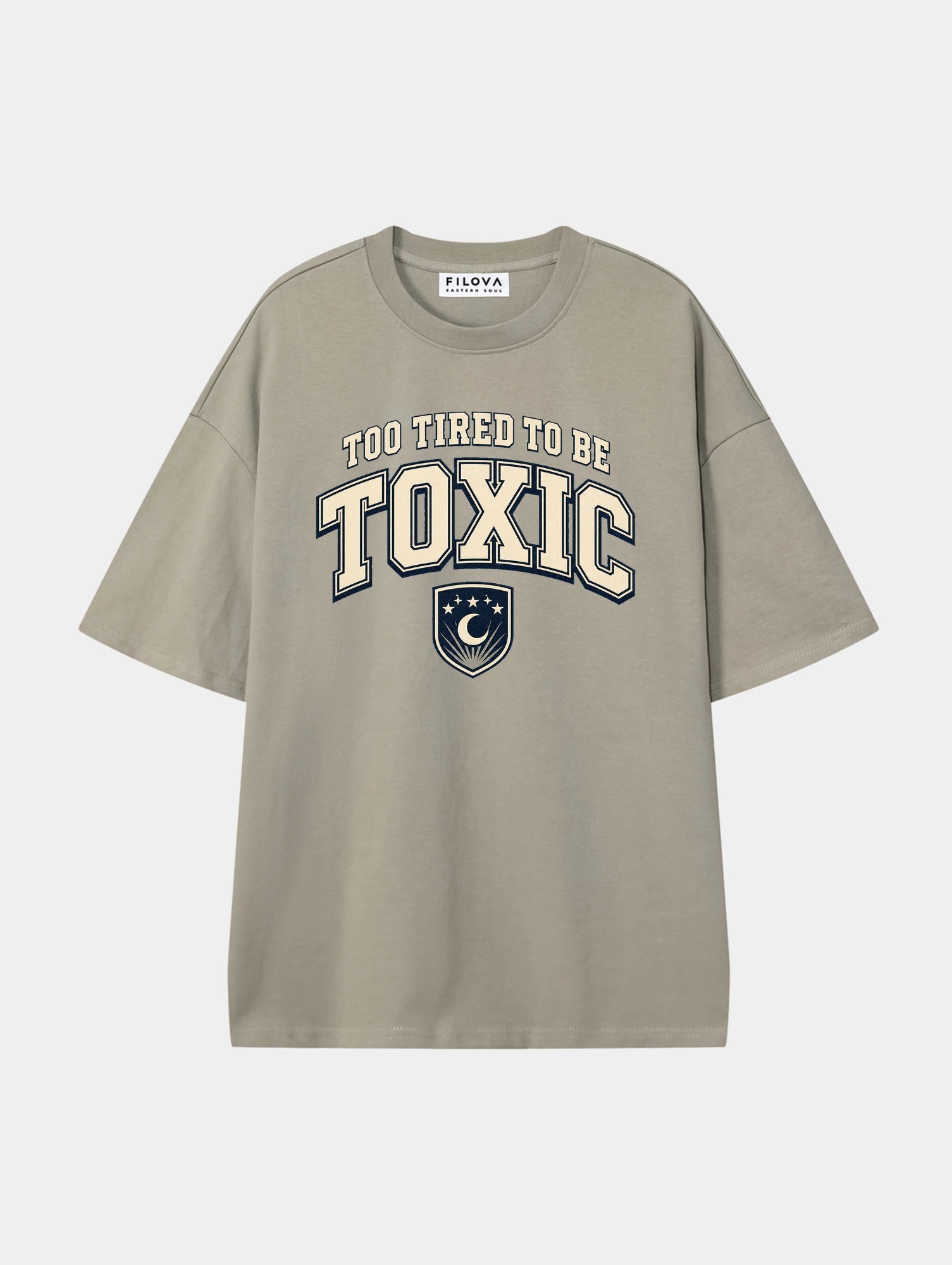 Too Tired To Be Toxic Dark Apricot graphic T-shirt, front view