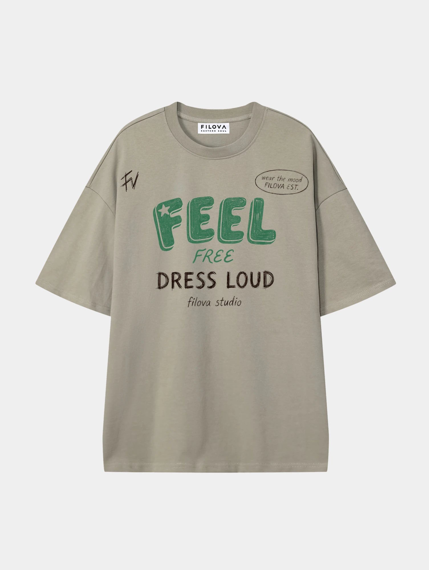 Feel Free Dress Loud Dark Apricot graphic T-shirt, front view