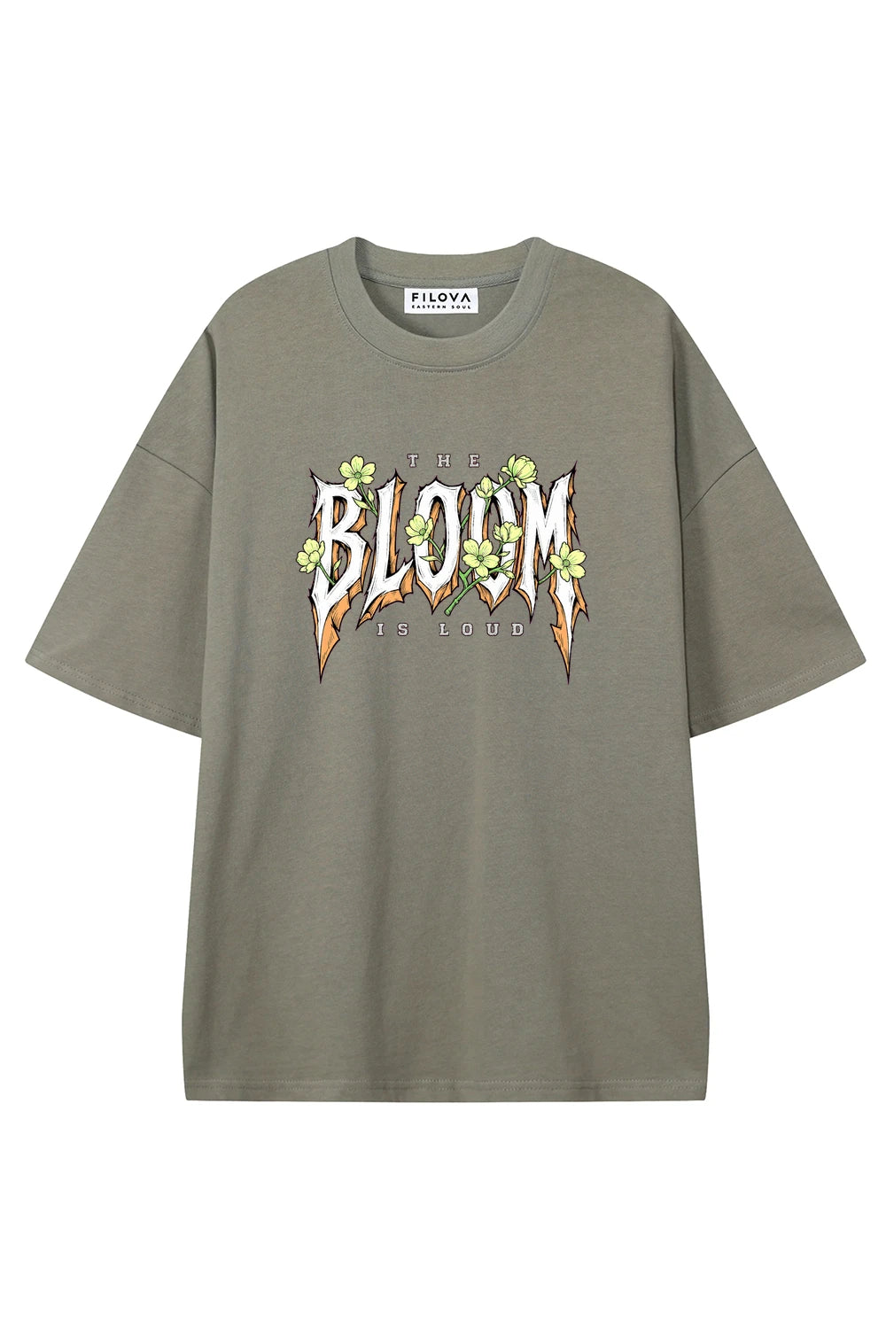Bloom Is Loud Dark Gray graphic T-shirt, front view