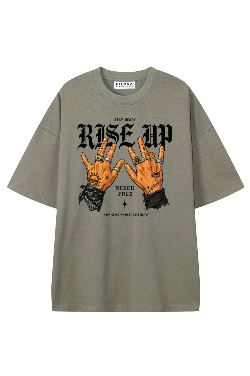 Rise Up Never Fold Dark Gray graphic T-shirt, front view