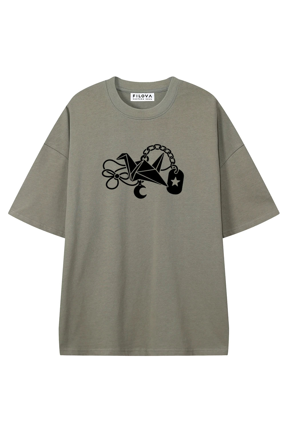 Lucky Crane Charm Dark Gray graphic T-shirt, front view