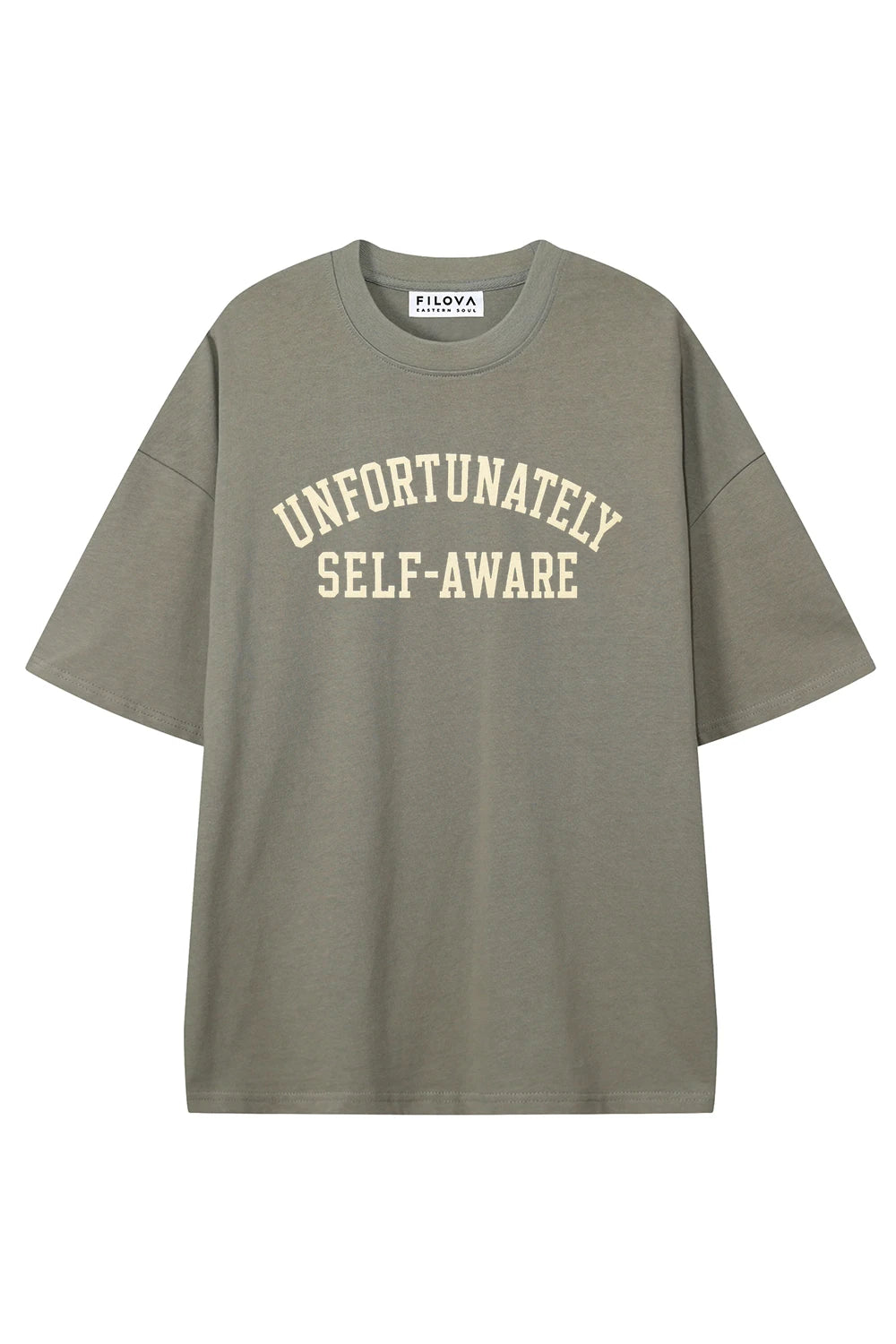 Unfortunately Self Aware Dark Gray graphic T-shirt, front view