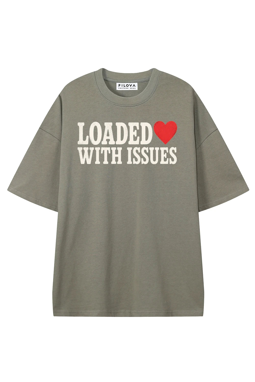 Loaded With Issues Dark Gray graphic T-shirt, front view