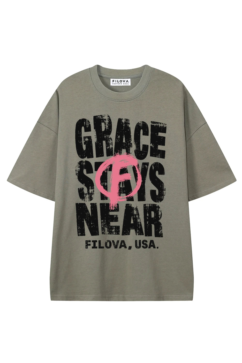 Grace Stays Near Dark Gray graphic T-shirt, front view