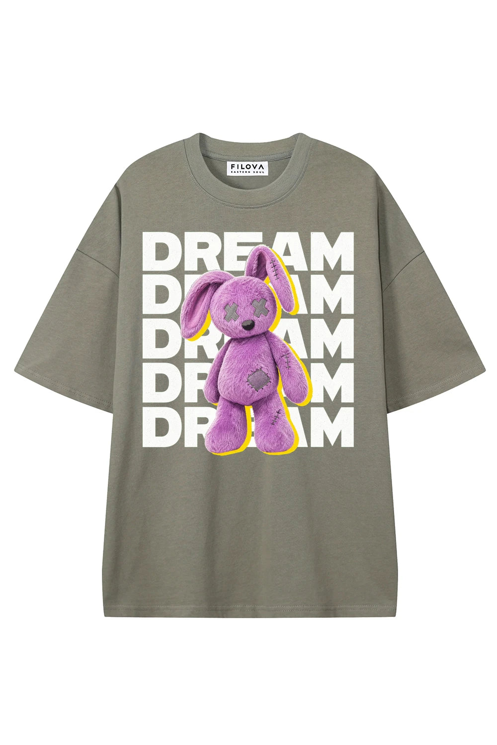 Dream Plush Rabbit Dark Gray graphic T-shirt, front view