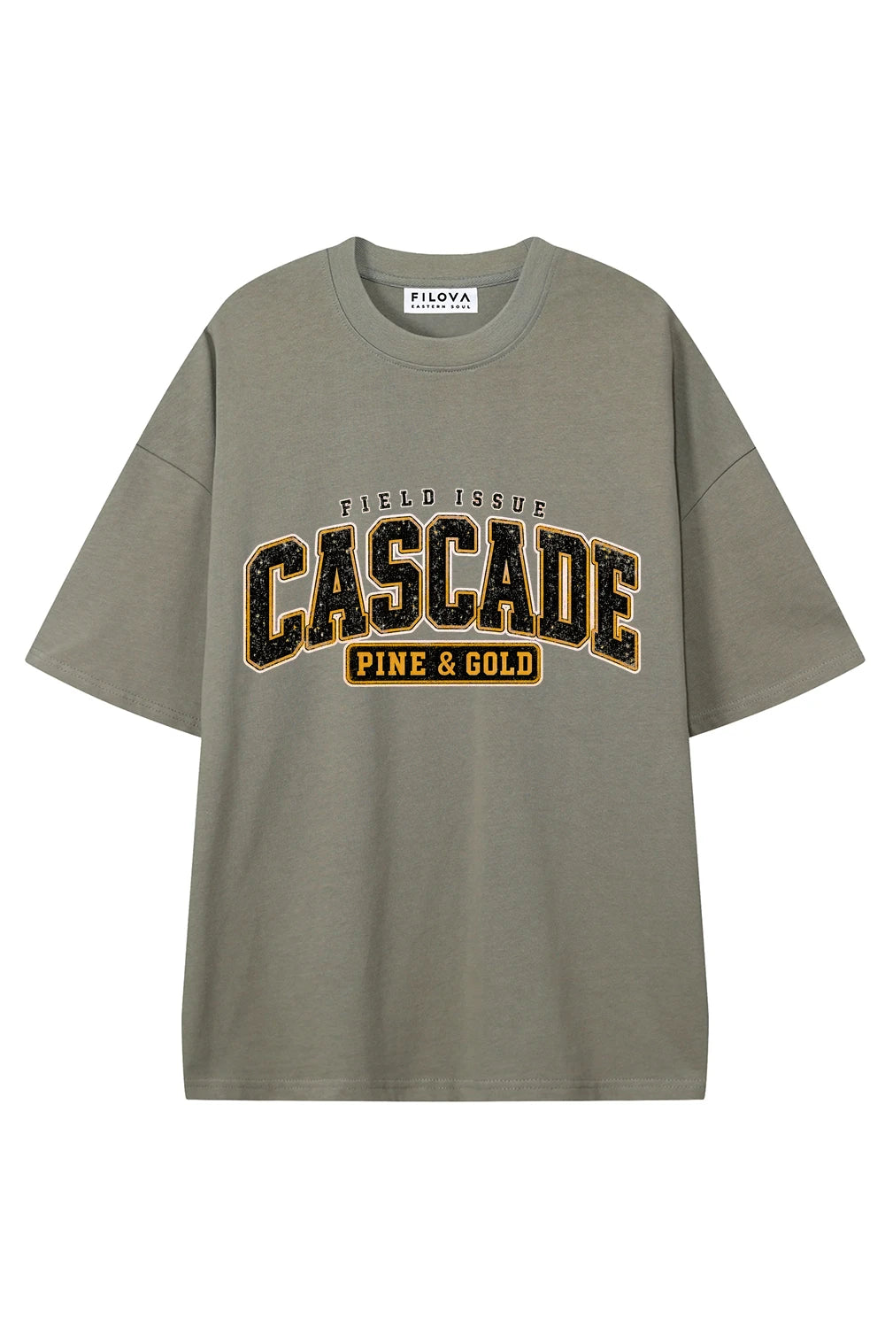Cascade Pine Gold Dark Gray graphic T-shirt, front view